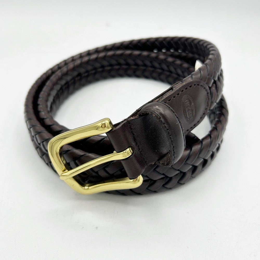NEW Fossil Maddox Men's Brown Braided Genuine Leather Belt Gold Buckle Size 34